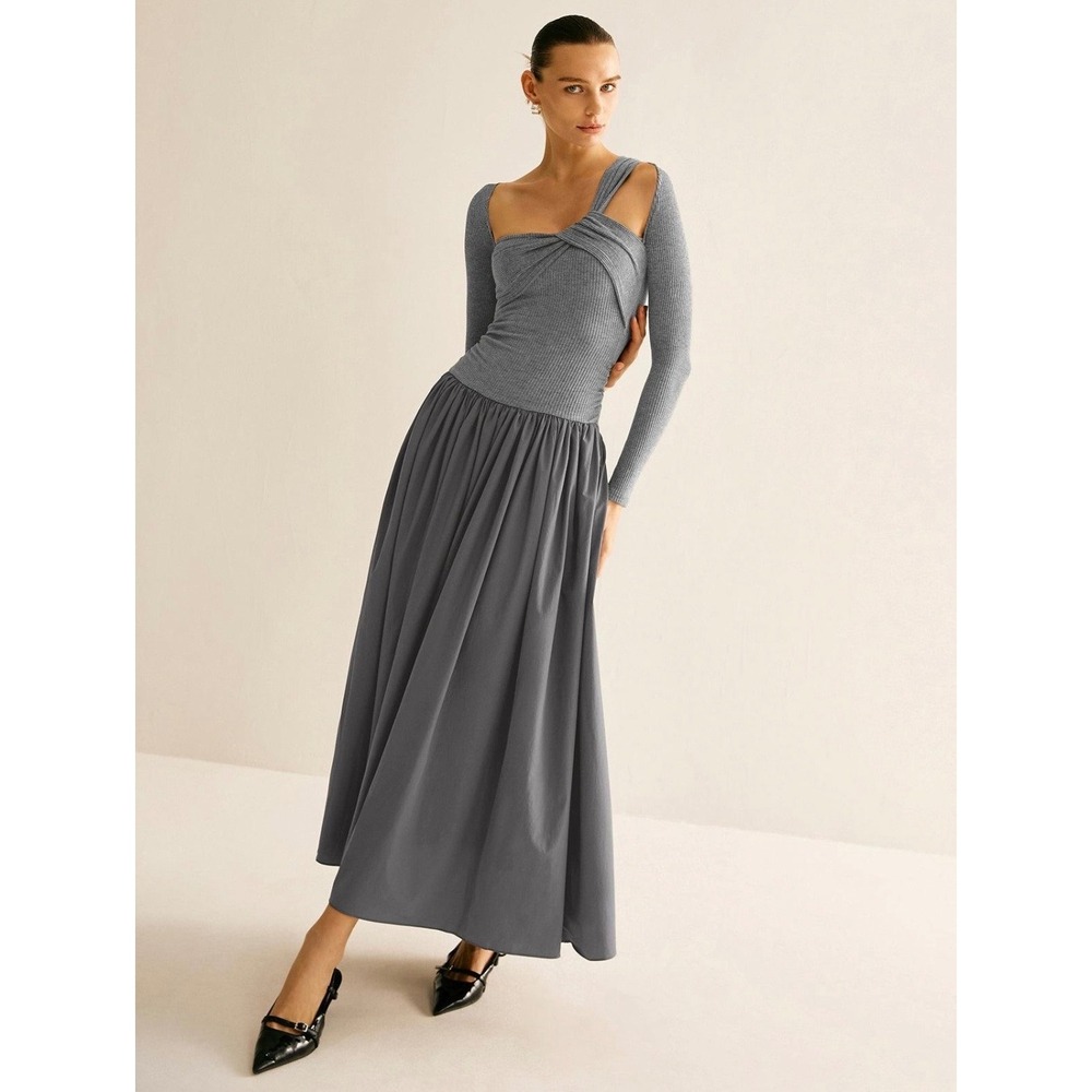 COMMENSE Light Grey Asymmetrical Pleated Long Sleeve Maxi Dress Size S